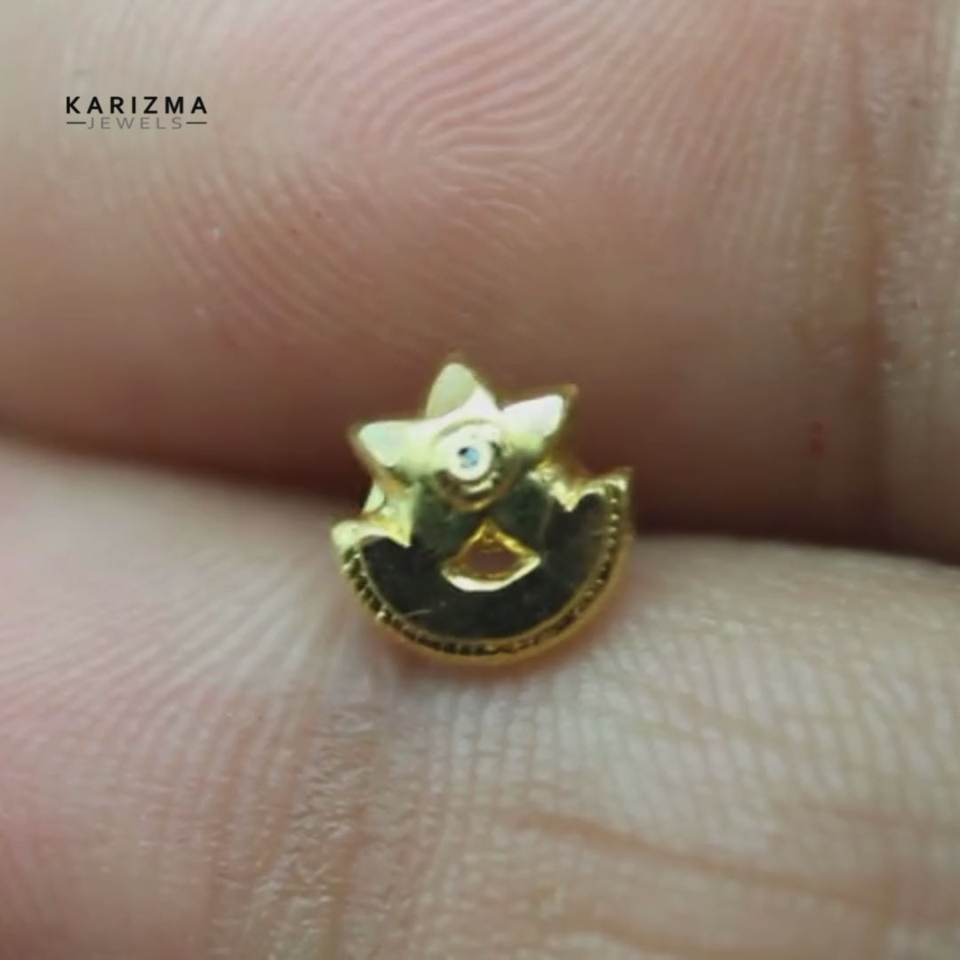 14K Real Gold Moon Star Style Nose Stud Indian Push Pin Nose Ring