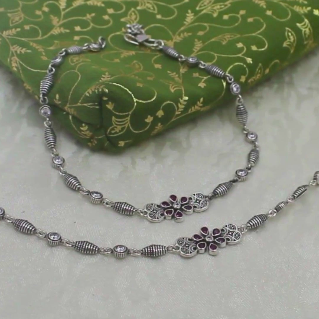 925 Sterling Silver Pink White CZ Oxidised gifting Anklet Pair 10.3"