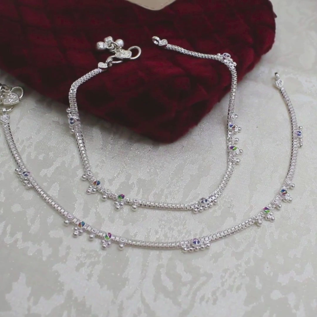 Real Silver Blue Pink CZ Drop Hanging Charm Anklet