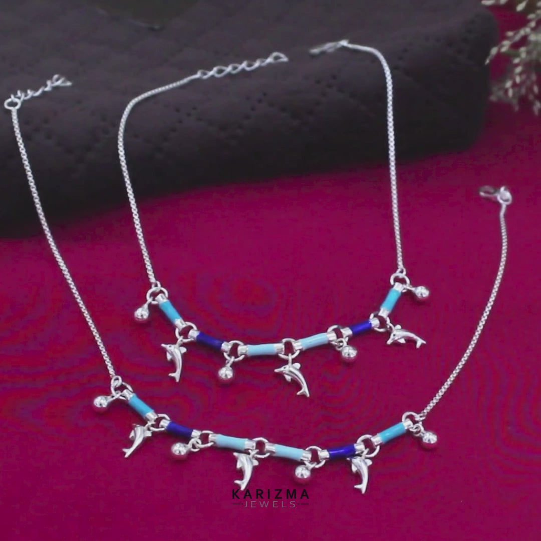 925 Sterling Silver girlish dangle Dolphins charms Anklet Pair 10.4"
