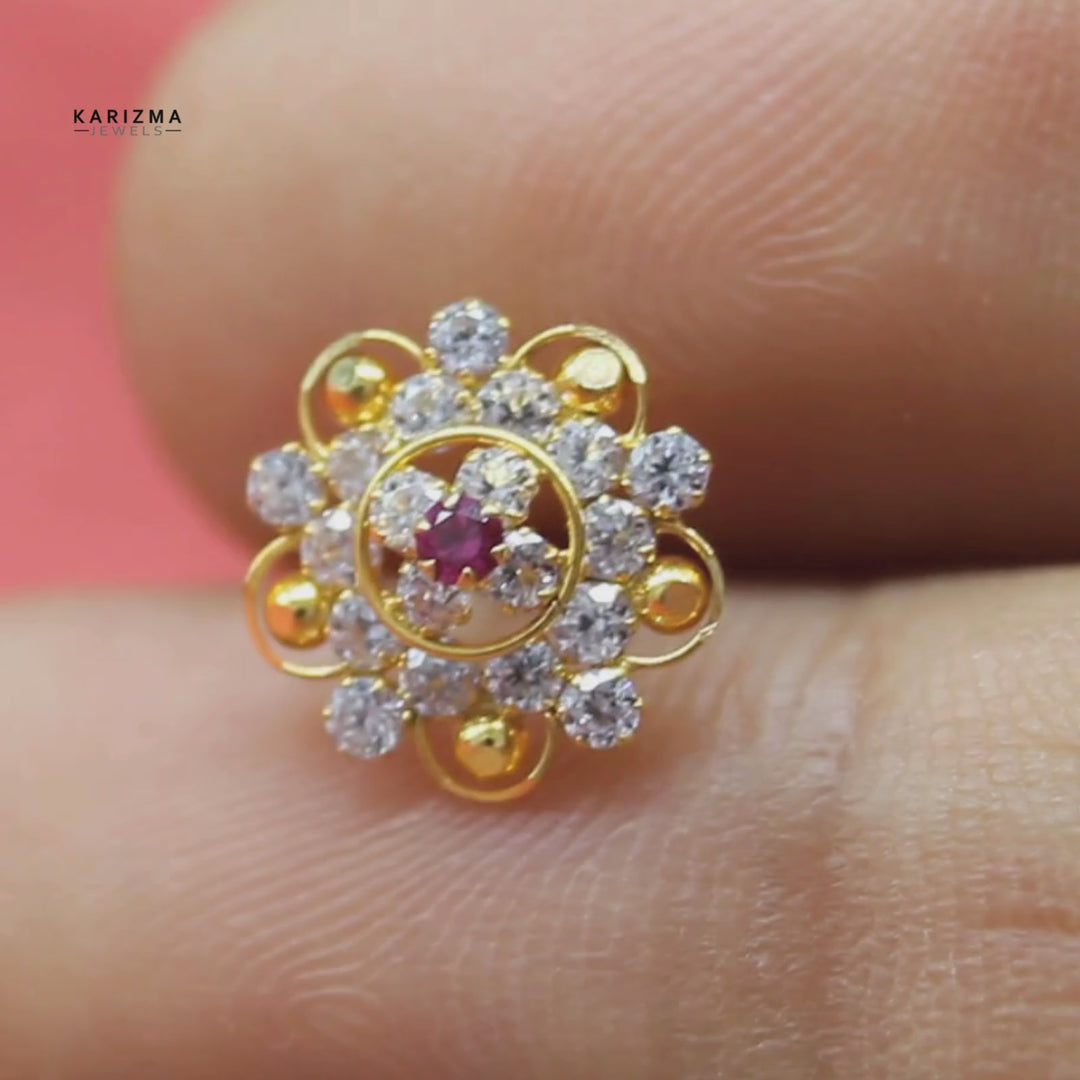 Cute Floral 18K Real Gold Indian Women party wear CZ Nose stud nose ring Push Pin