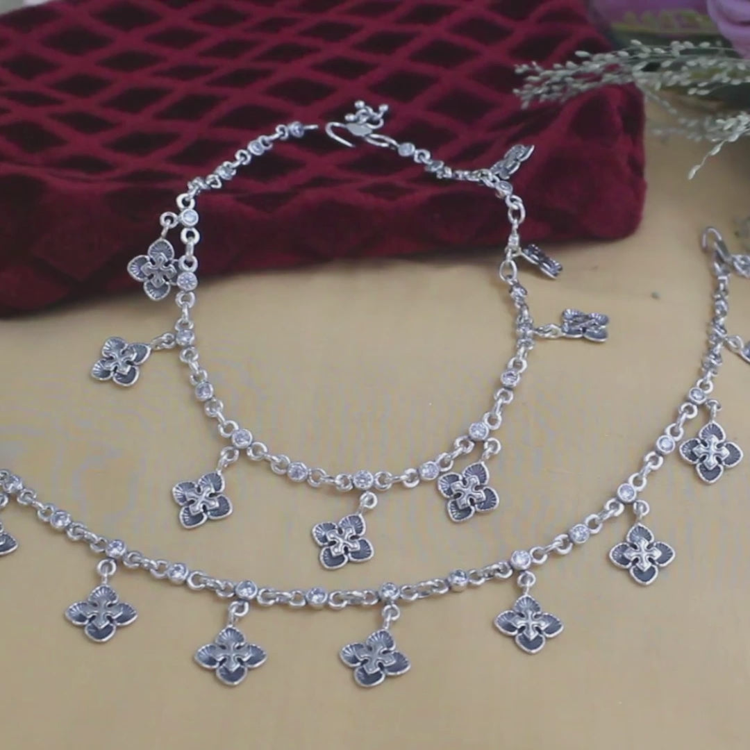 925 Sterling Silver dangle flower White CZ Oxidised divine Anklet Pair 10.7"