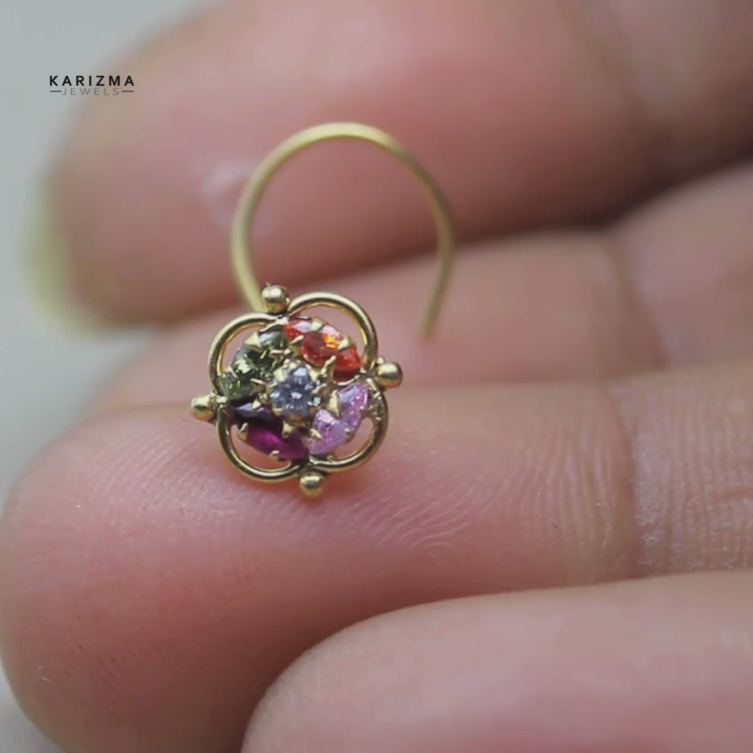 Floral Gold Plated Nose Stud CZ Corkscrew nose ring 24g