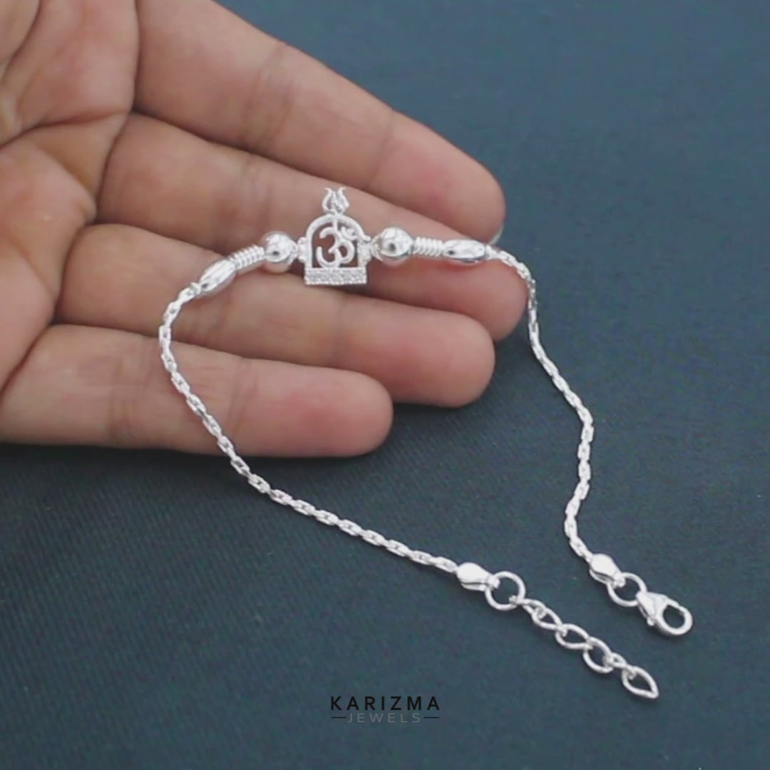 925 Real Sterling Silver Bracelet White cz Om design Rakhi  7.5"