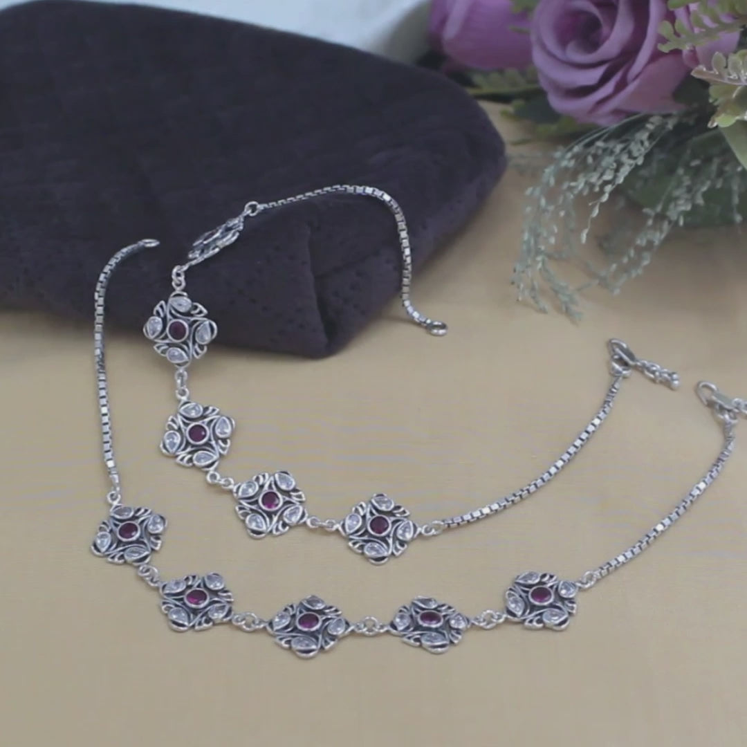 925 Sterling Silver Pink White CZ Oxidised amazing Anklet Pair 10.5"