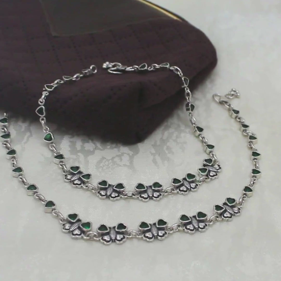 Cute Butterfly 925 Sterling Silver Green CZ Oxidized Anklet Pair 10.5"