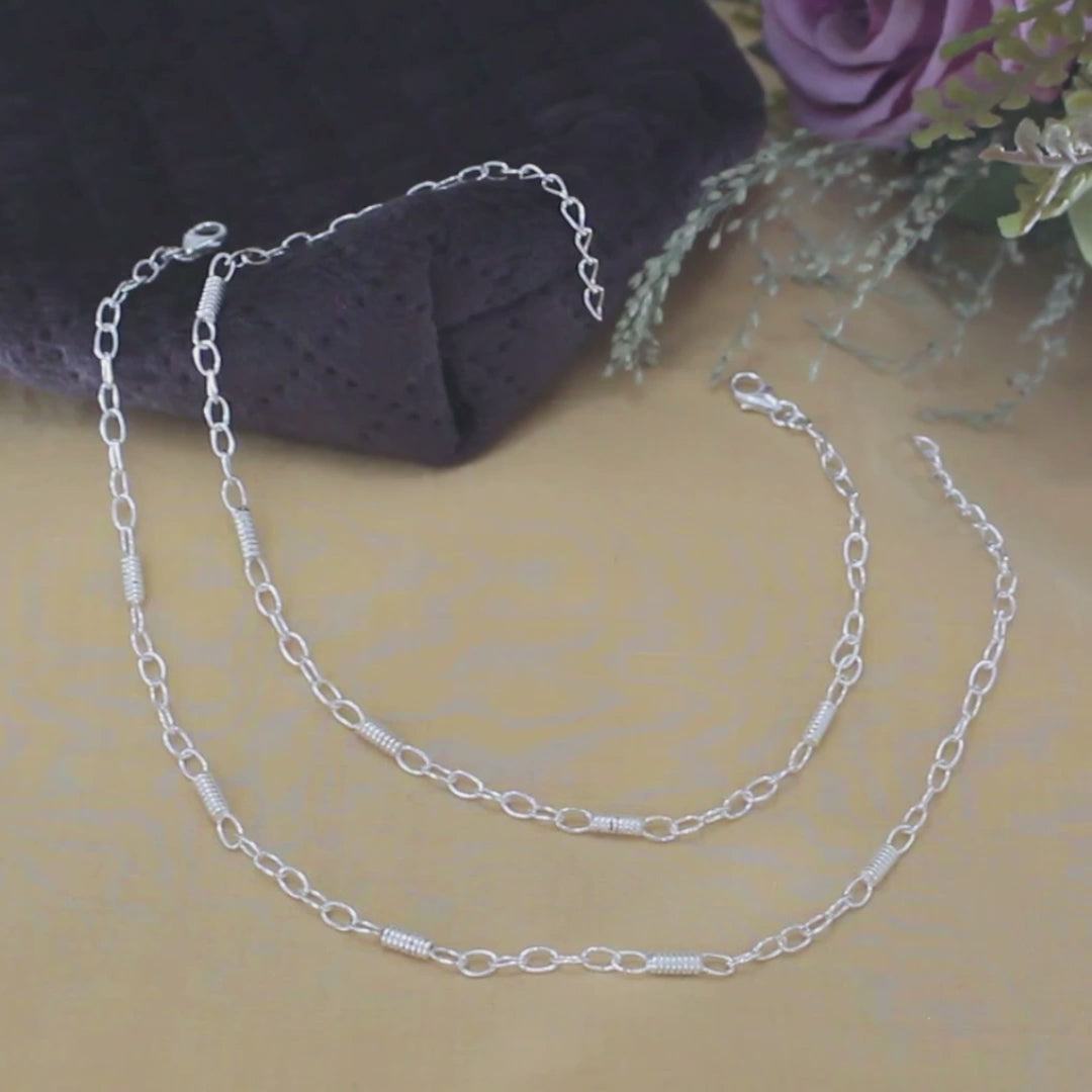 Boho style 925 Sterling Silver Oval Links Chain Anklet Pair 10.5"