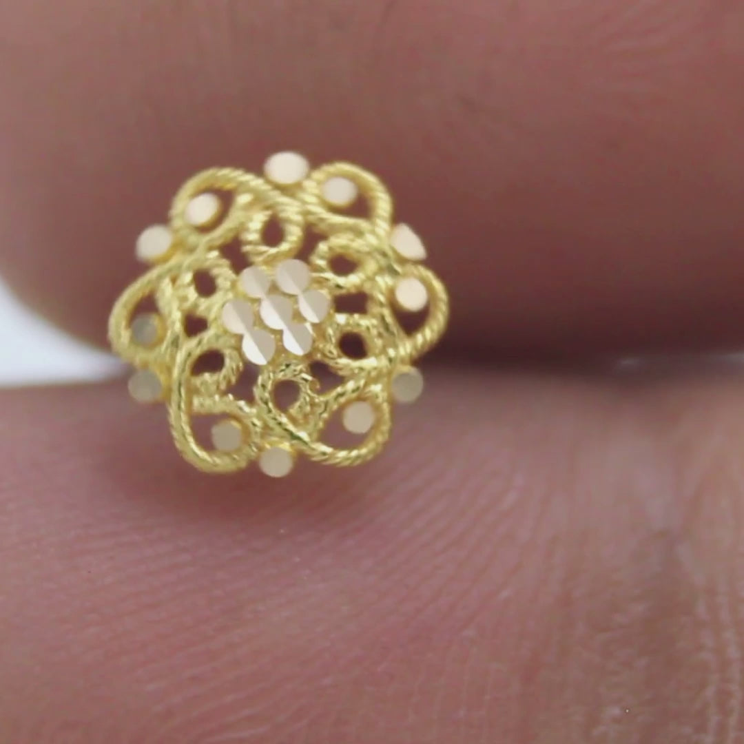 18K Real Gold Floral Filigree Push Pin Nose Stud