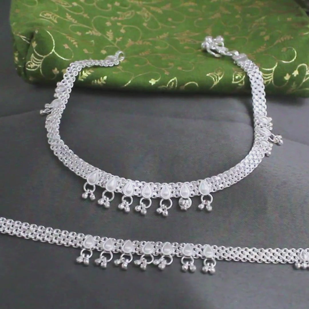 Real Sterling Silver women Indian cultural design Anklet Ankle Pair 10.3"
