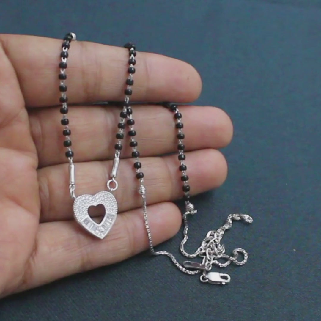 925 Sterling Silver CZ Heart  Black Beads Mangalsutra women chain for wife