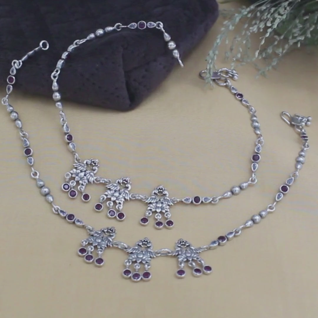 925 Sterling Silver Pink White CZ Oxidized dangle peacock Anklet Pair 10.5"