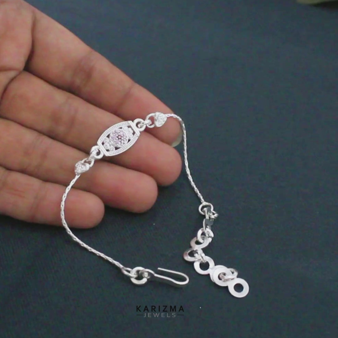 Unique trendy Real Silver Bracelet Pink CZ Rakhi 6"