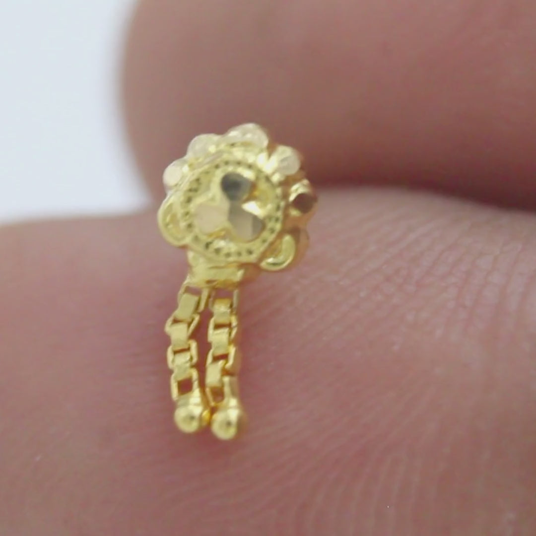 18K Real Gold Dangling Chain Drop Push Pin Nose Stud