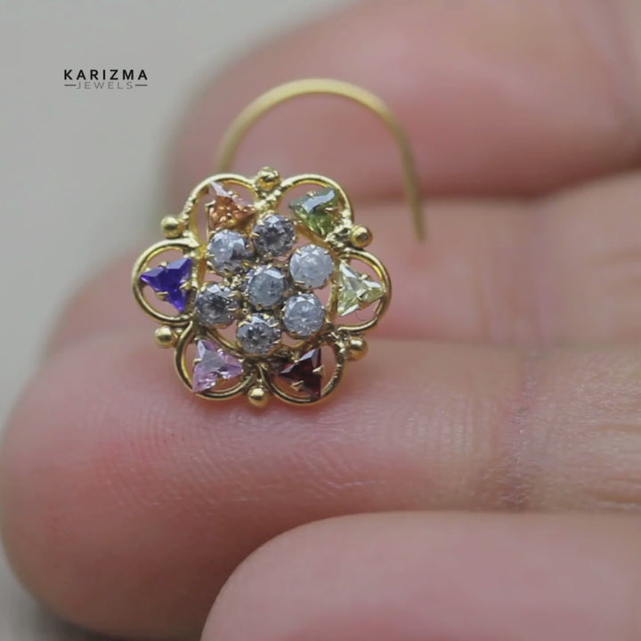 Indian Floral Gold Plated Nose Stud Multi CZ Twisted nose ring 24g