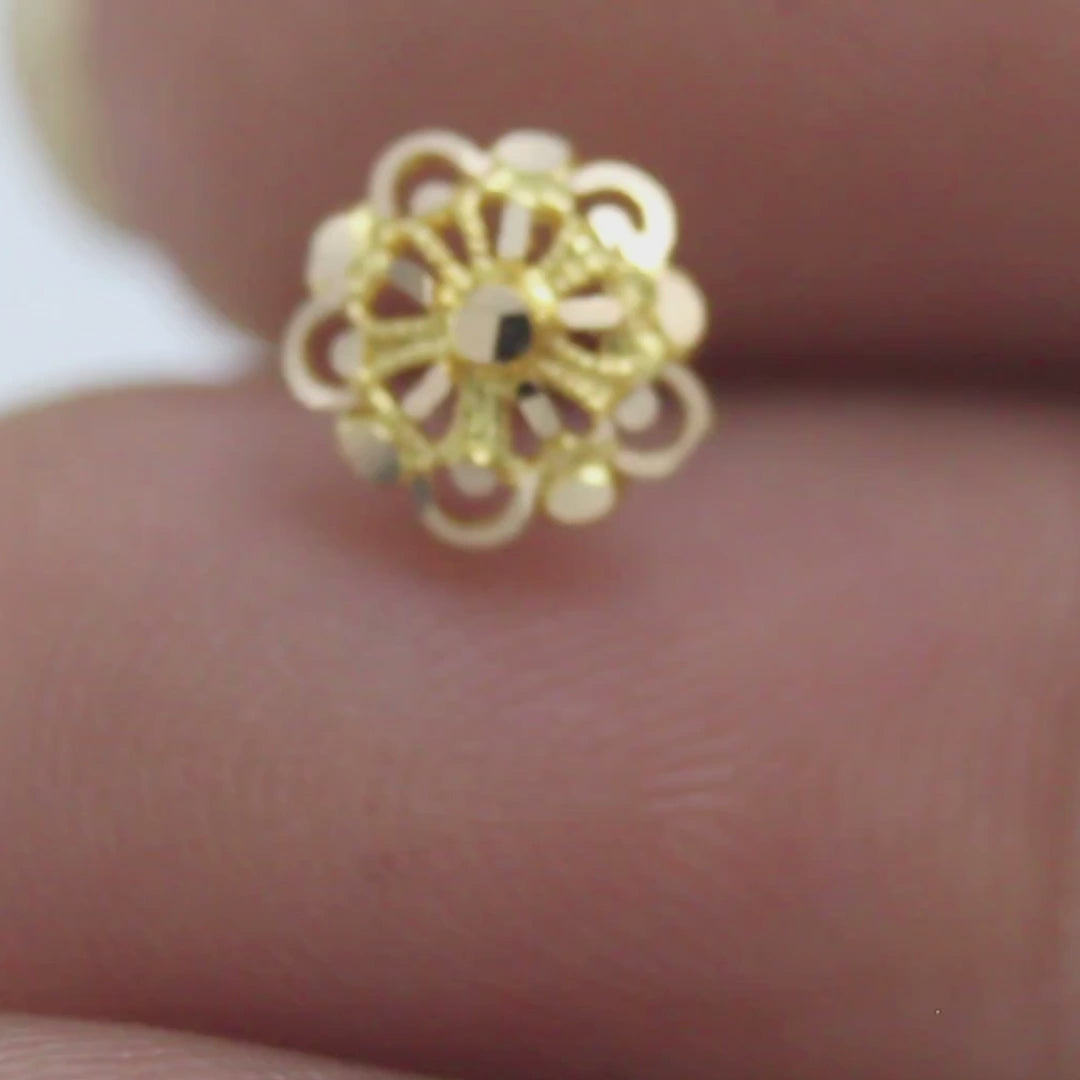 18K Real Gold Openwork Floral Filigree Push Pin Nose Stud