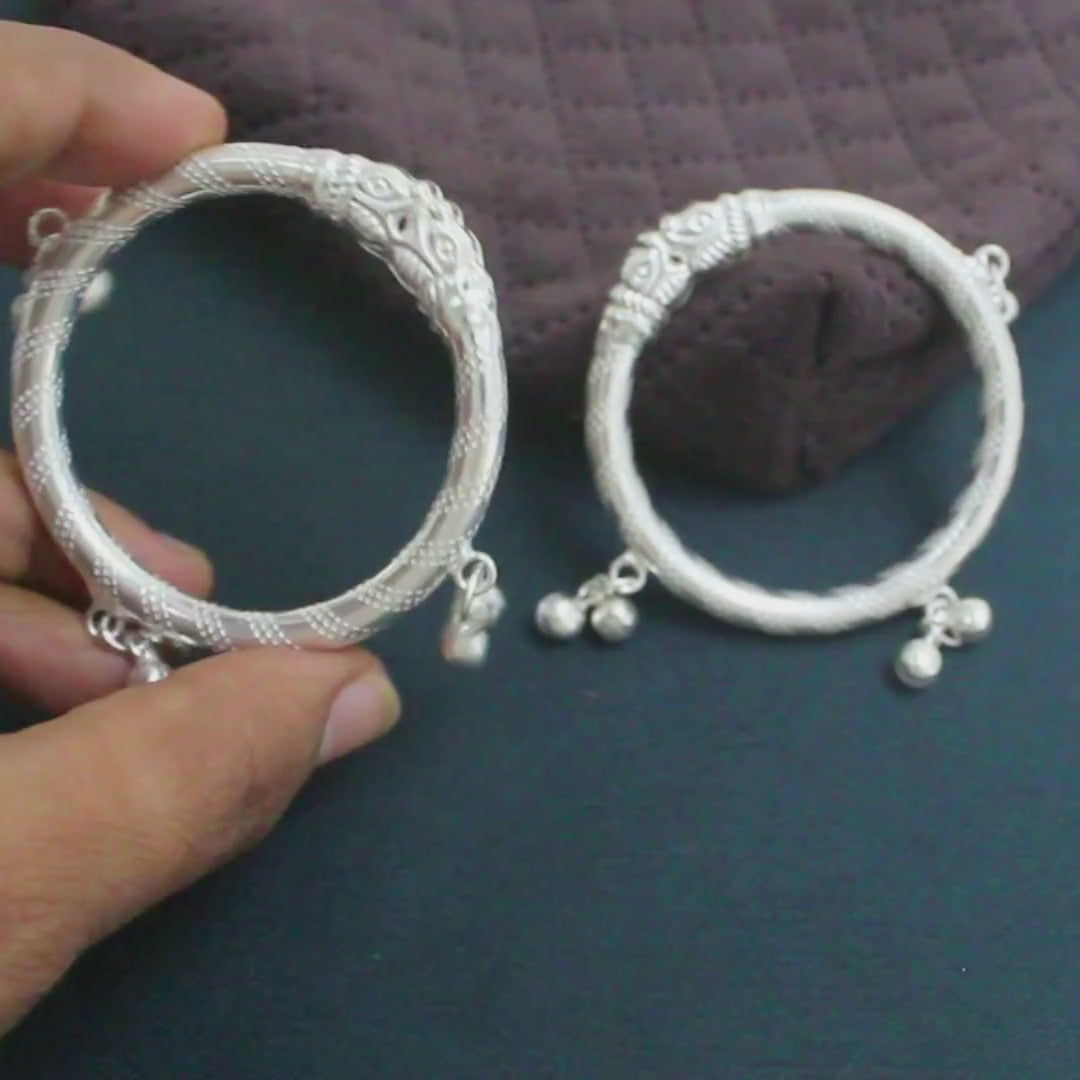 Indian Traditional Silver Elephant Face Kids Bangles Bracelet With Jingle Bells - Pair