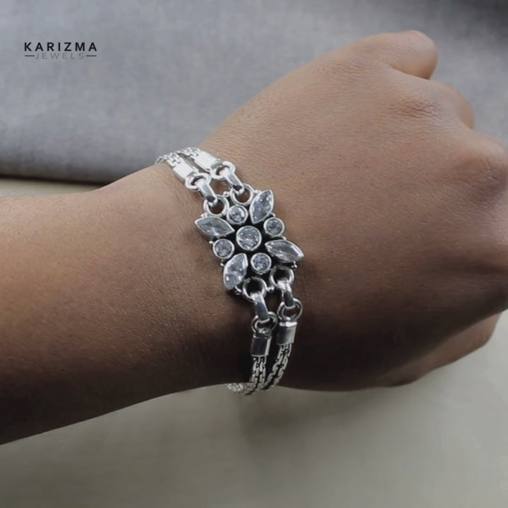 Traditional Real Silver White CZ Oxidized Bracelet Gift For Girls Women
