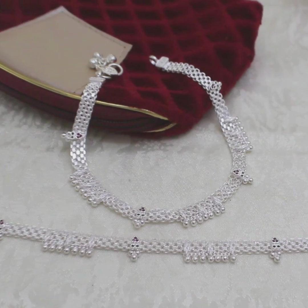 Elegant Real Silver Green Pink CZ Broad-Chain Anklet - 10.5 in