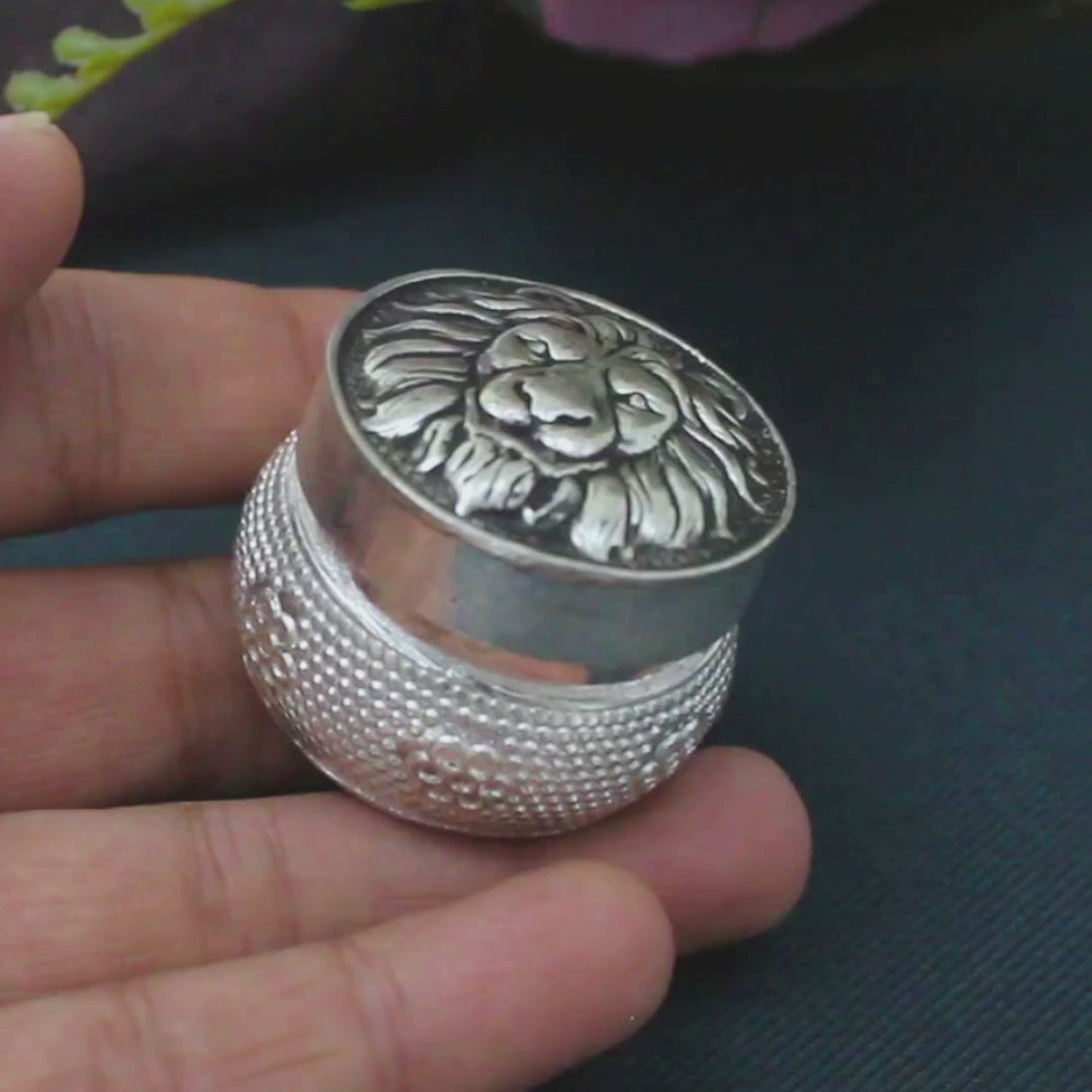 Real Silver Honey Container Oxidized Lion face Dibbi for Red Book Remedy