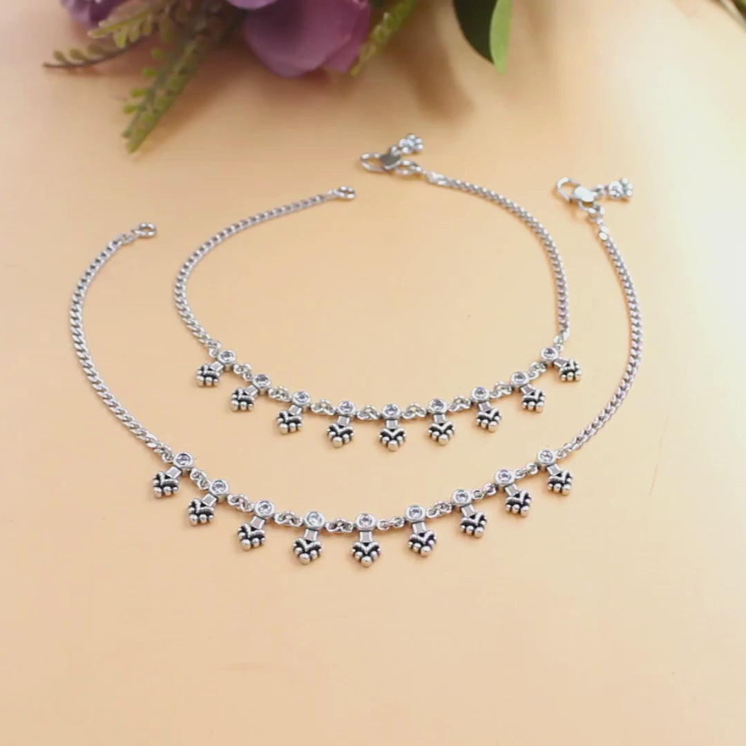 925 Sterling Silver White CZ Oxidised Floral Charm Anklet Pair 10.3"