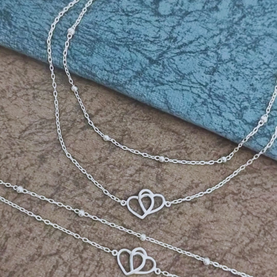 Girlish 925 Sterling Silver Beaded Double Layered Love Heart beach Foot Anklet Pair 11"