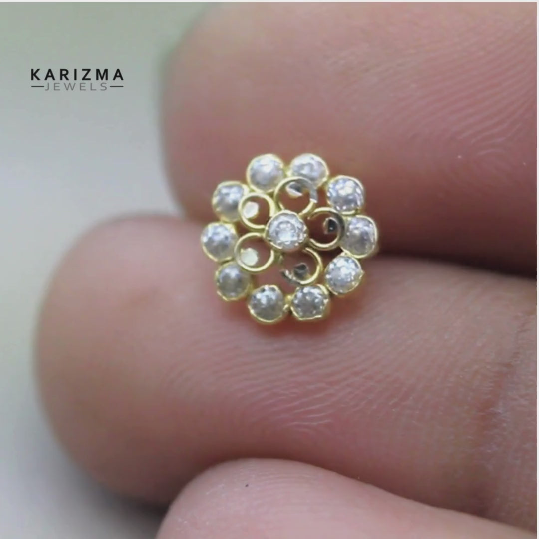 Flower Style 14K Real Gold Nose stud White CZ nose ring Push Pin