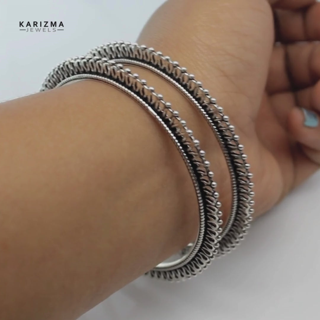 Indian Boho Style Real Sterling Silver Women Oxidized Bangles Pair