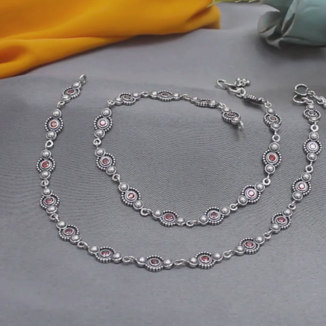 Floral Design 925 Sterling Silver Orange CZ Oxidised Anklet Pair 10"