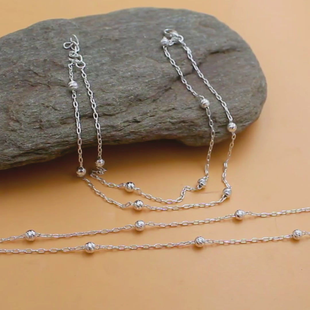 925 Sterling Silver Double Chain Bead Silver Anklet Pair 10.5"