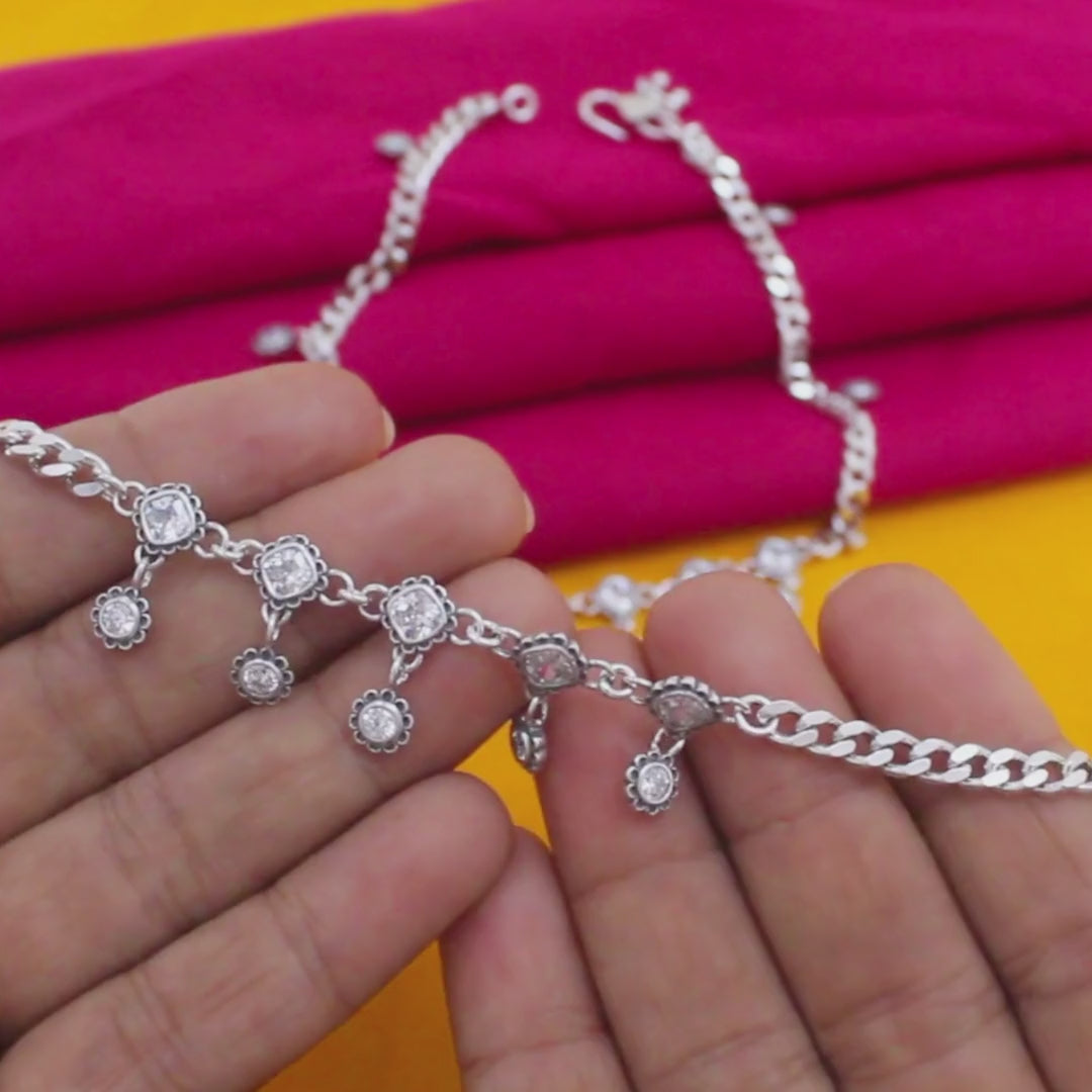 Sunburst Charm Silver Oxidized Anklet Pair – 925 Sterling Silver for Women