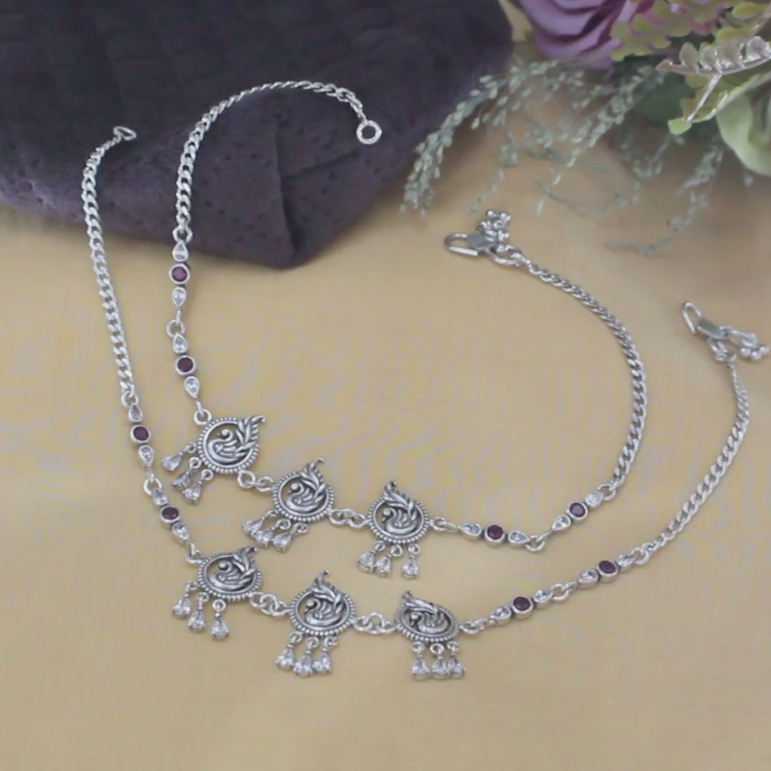 Boho style 925 Sterling Silver Pink White CZ Oxidized peacock design Anklet Pair 10"