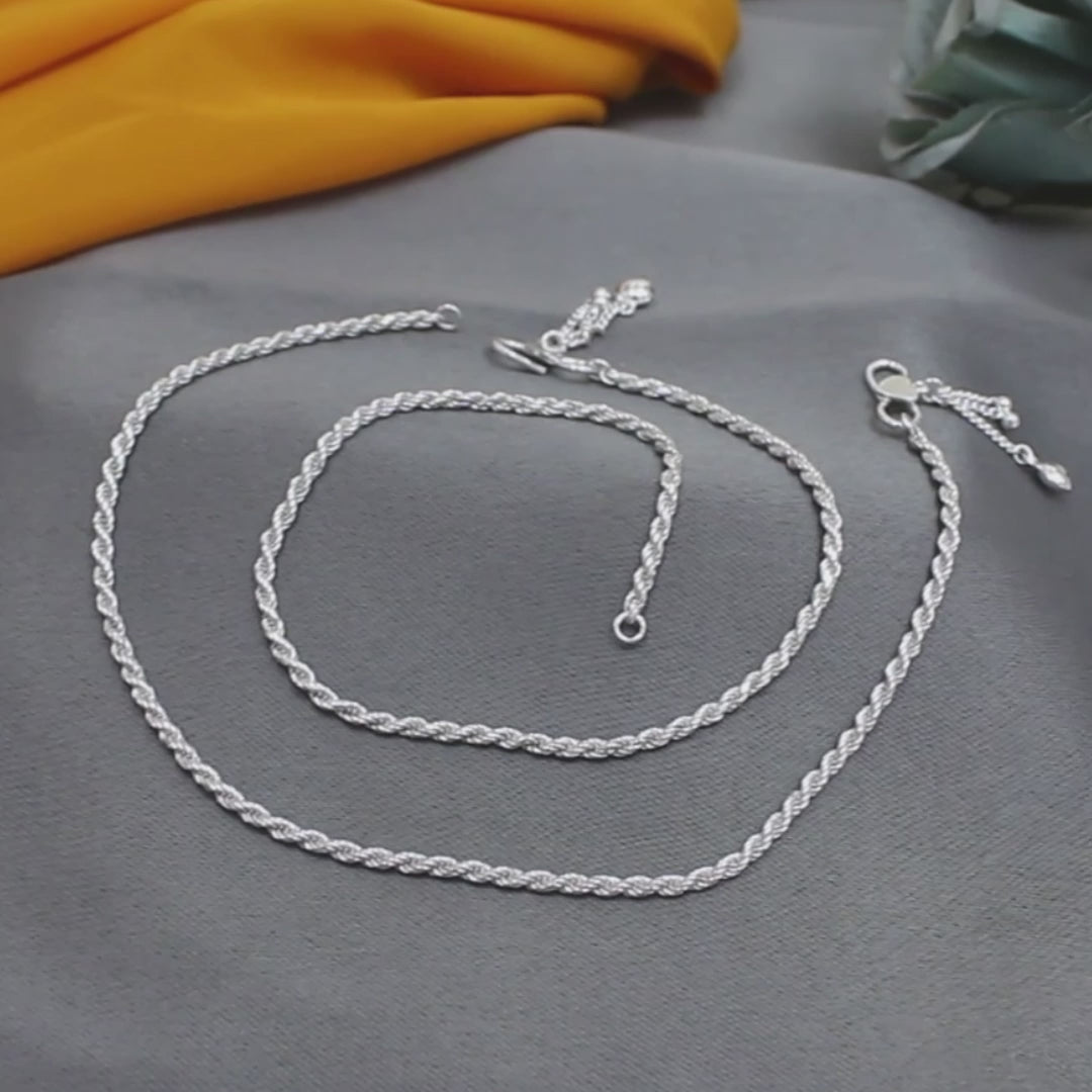 925 Sterling Silver twisted rope design women Chain Anklet Pair 10.3"