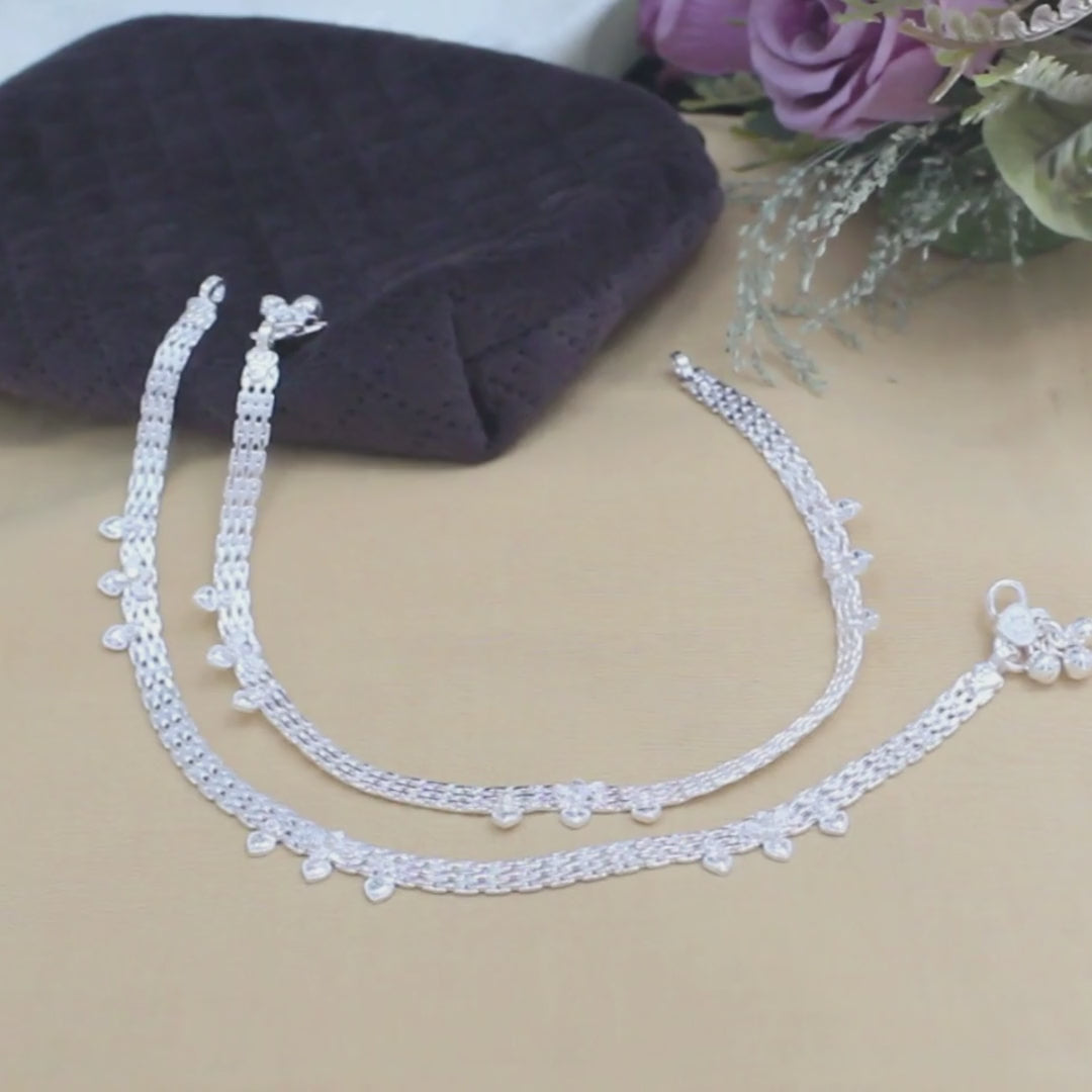New Real Silver Heart-Shaped Drops Women Anklet Pair 10.3"