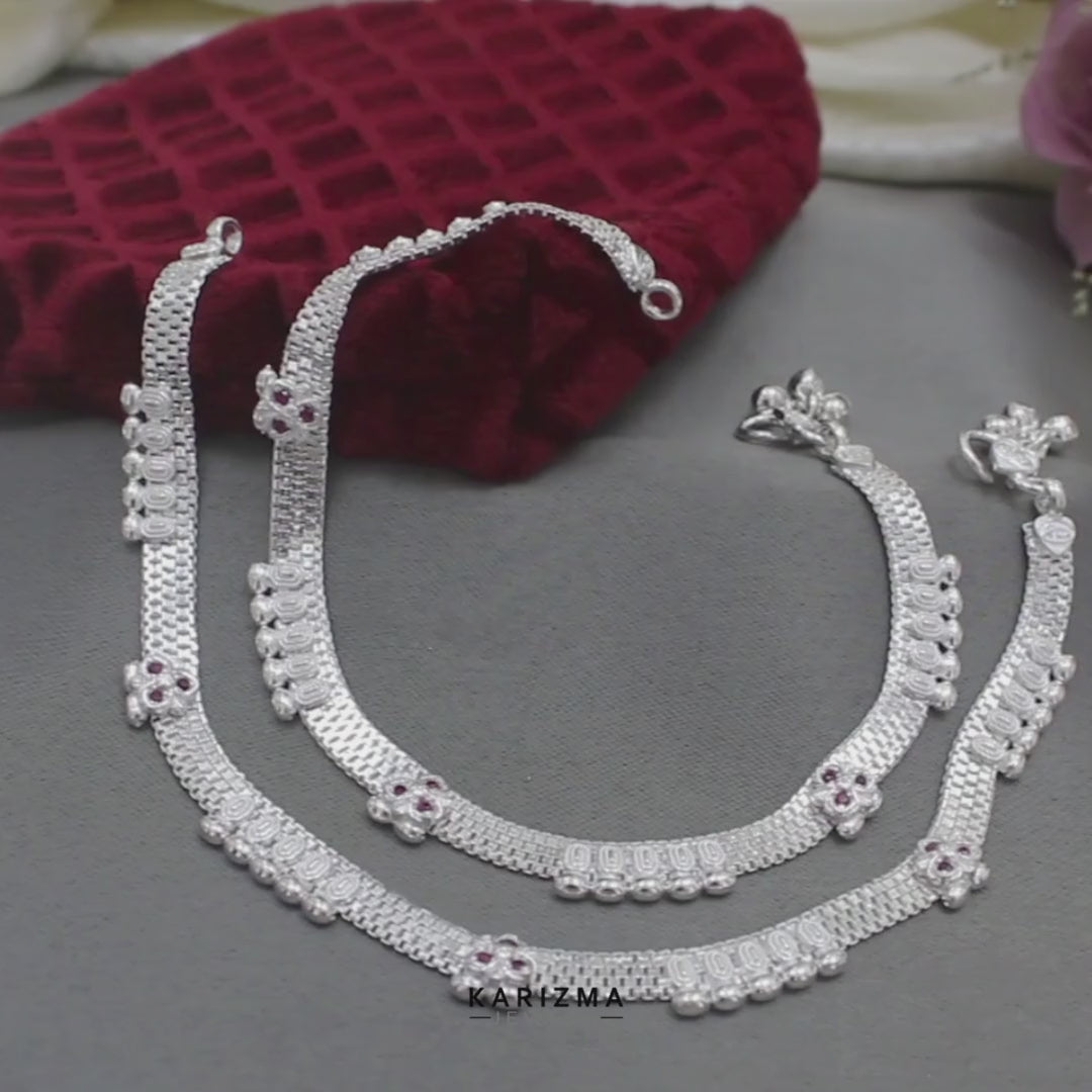 Real Sterling Silver Indian women Pink CZ handmade party wear Anklet Ankle Pair 10.3"