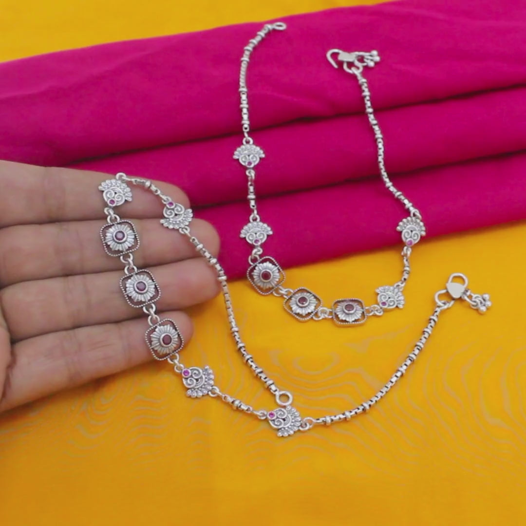 925 Sterling Silver Pink CZ Oxidized Traditional Paisley Anklet Pair 10.3"