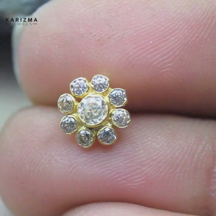 Real Gold Daisy Nose stud 14K White CZ Indian piercing nose ring Push Pin