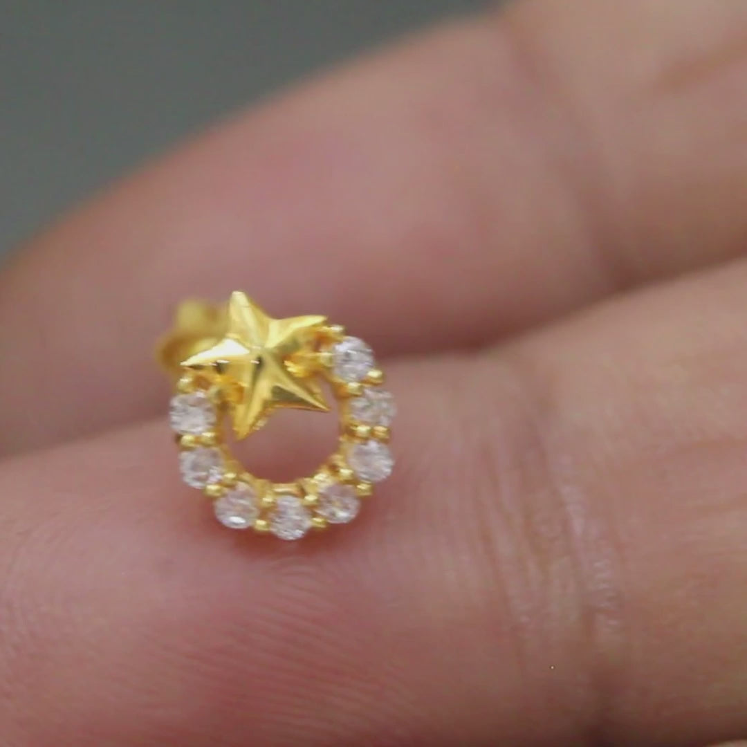 18K Real Gold cute star Nose stud cum Earring Clear White CZ Gold Screw Back