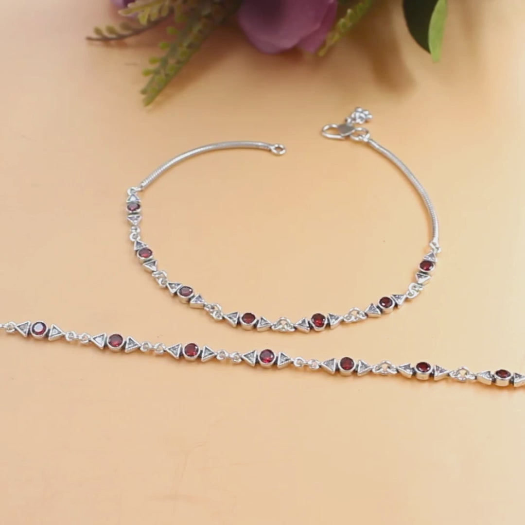 925 Sterling Silver Red White CZ Oxidised Casual Styling Anklet Pair 10.3"