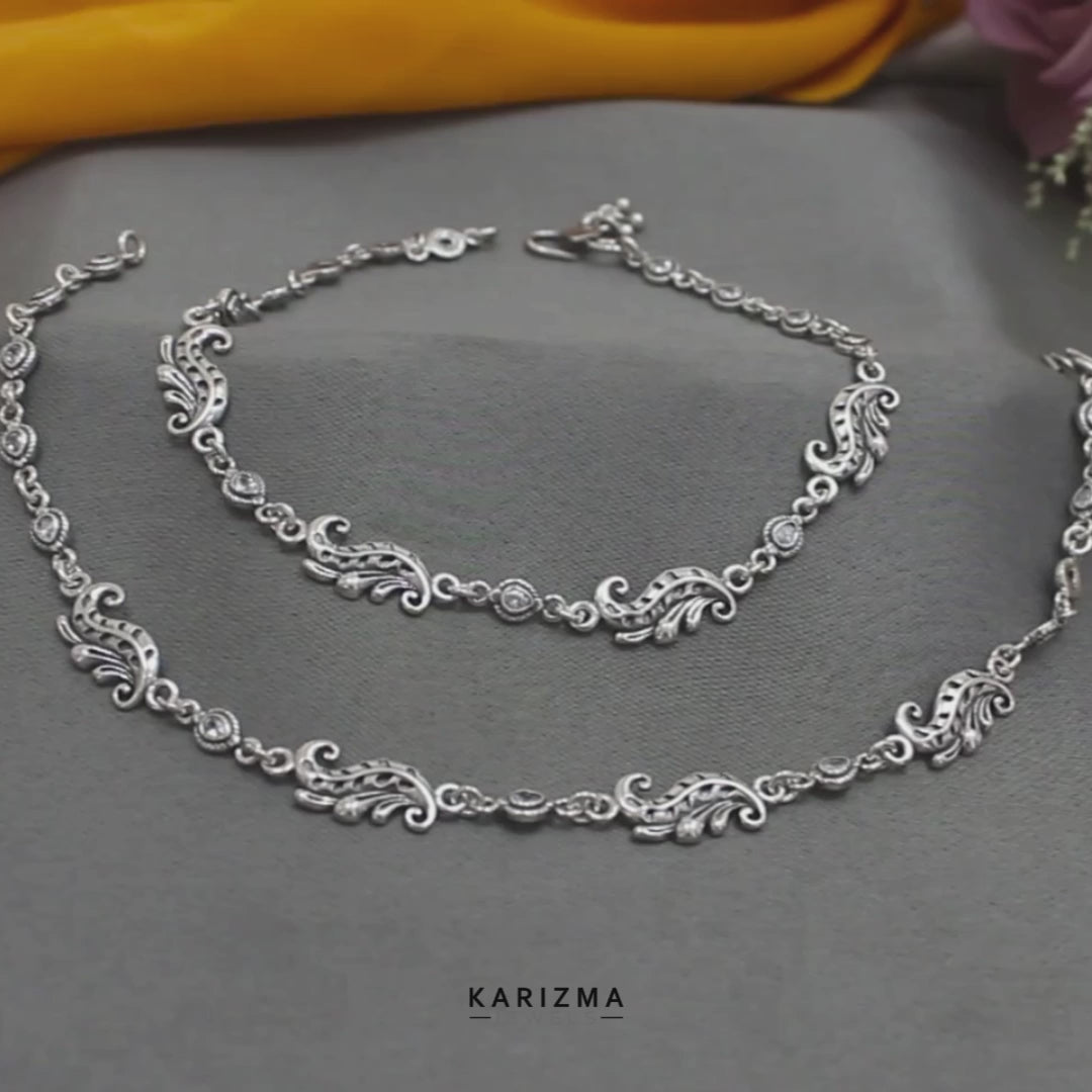Beach wear 925 Sterling Silver white CZ Oxidised Anklet Pair 10.3"