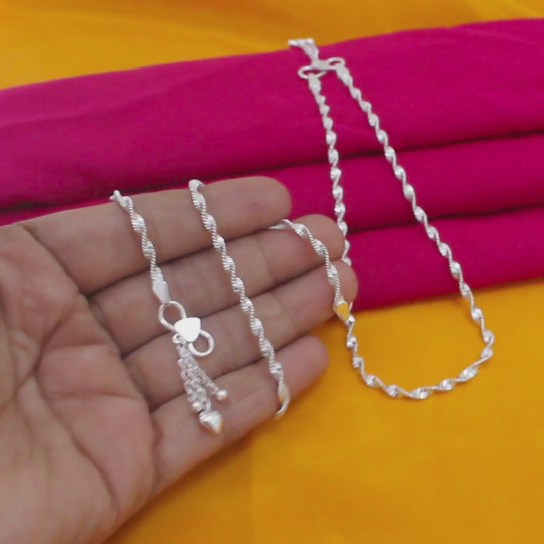 925 Sterling Silver Women Twisted Design Hanging Heart Tassel Anklet - 10.3 in