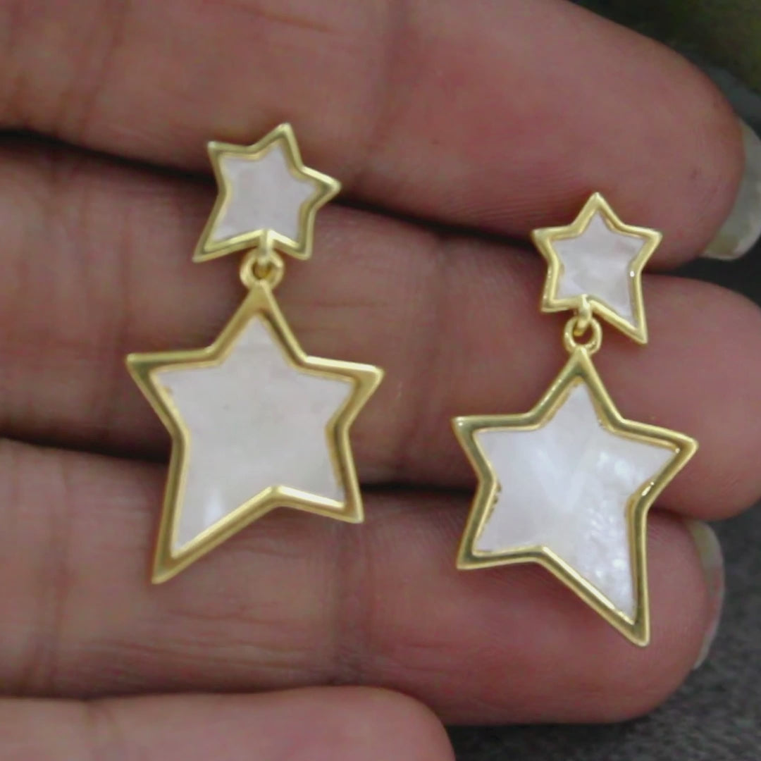 925 Sterling Silver Gold Tone Star Shape Drop Earrings