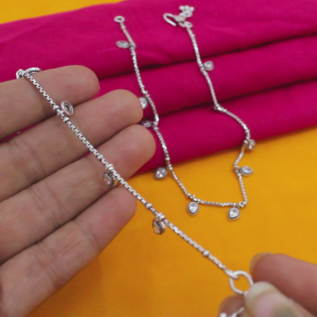 925 Sterling Silver Teardrop Dangle Charm Oxidized Anklet Pair for Women - 10.3 in