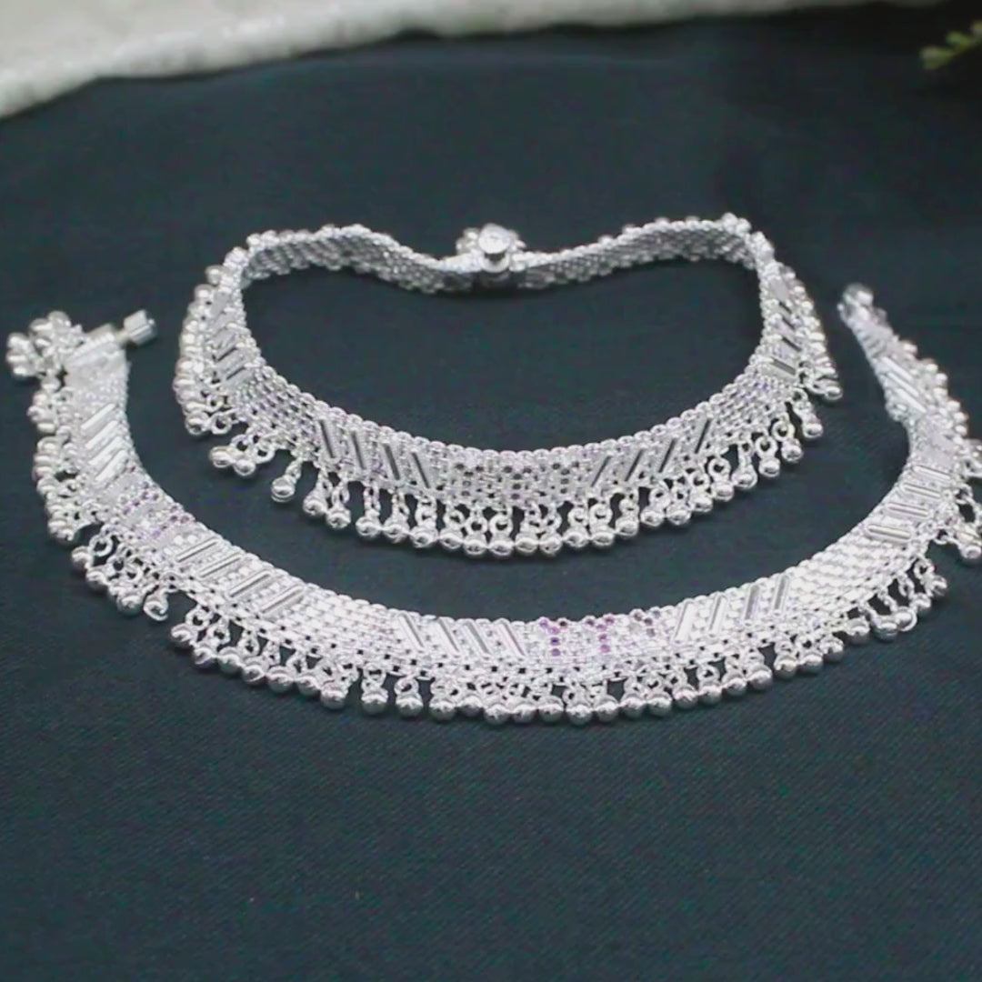 Real Silver Wedding & Festive Wear Jingle Bells Pink CZ Anklet Pair - 9.8 inch