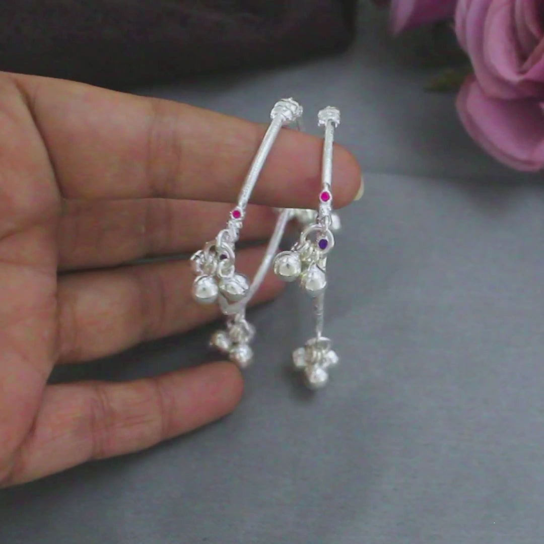 Real Silver unique trendy kids Bangles Bracelet With Jingle Bells - Pair