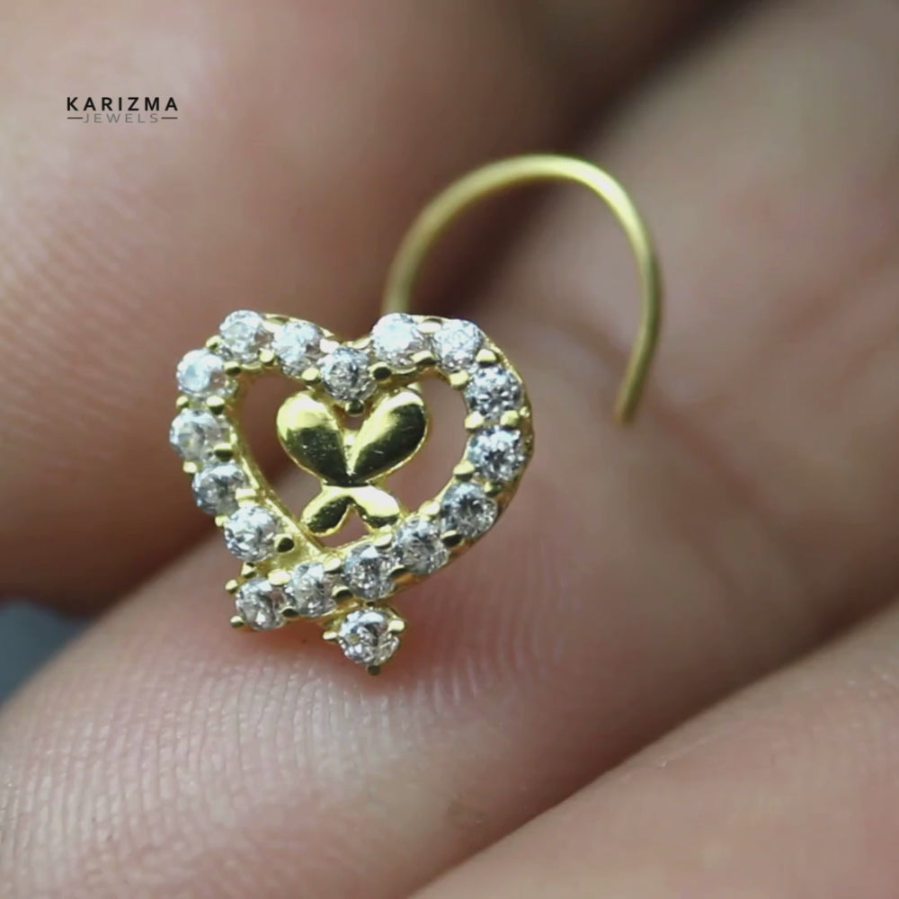 Cute Heart 14k Real Gold White stone Corkscrew Nose Stud 24g