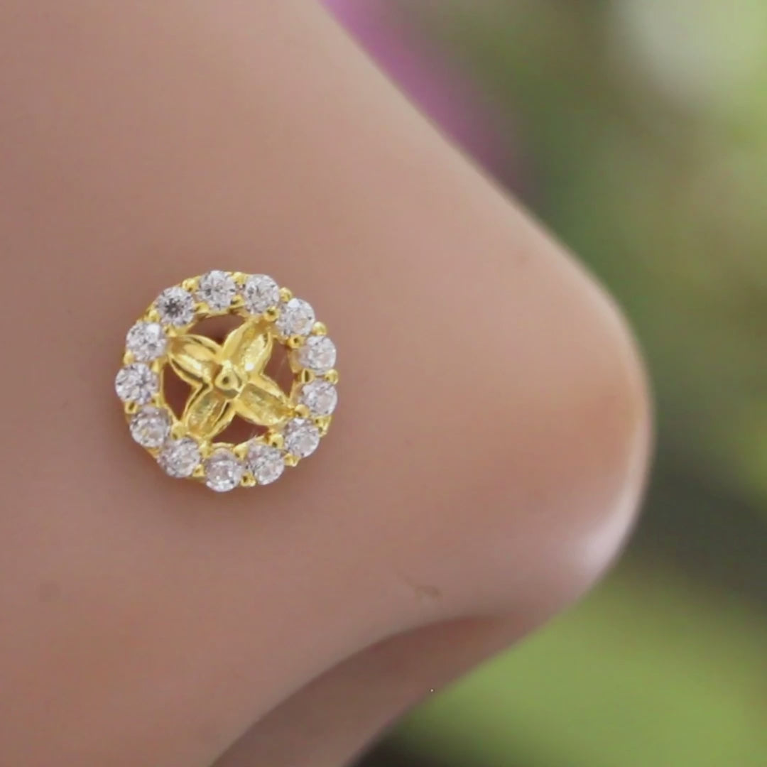 18K Real Gold Clear White CZ party wear Nose stud Gold Screw Back