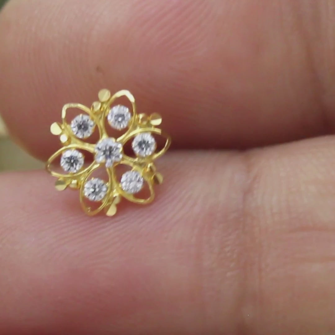 18K Real Gold Indian Women White CZ Flower style Nose stud nose ring Push Pin
