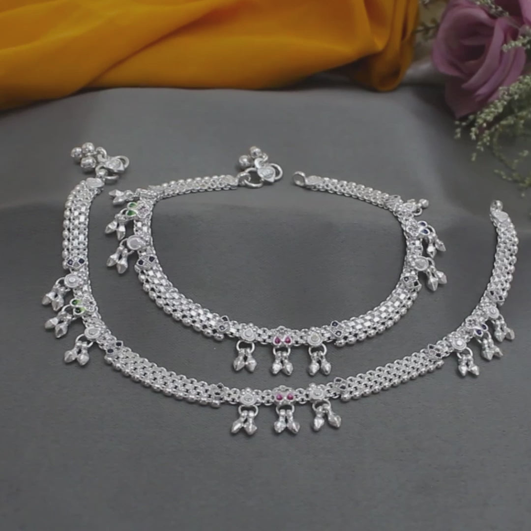Real Sterling Silver women Multi CZ party wear Anklet Ankle Pair 10.3"