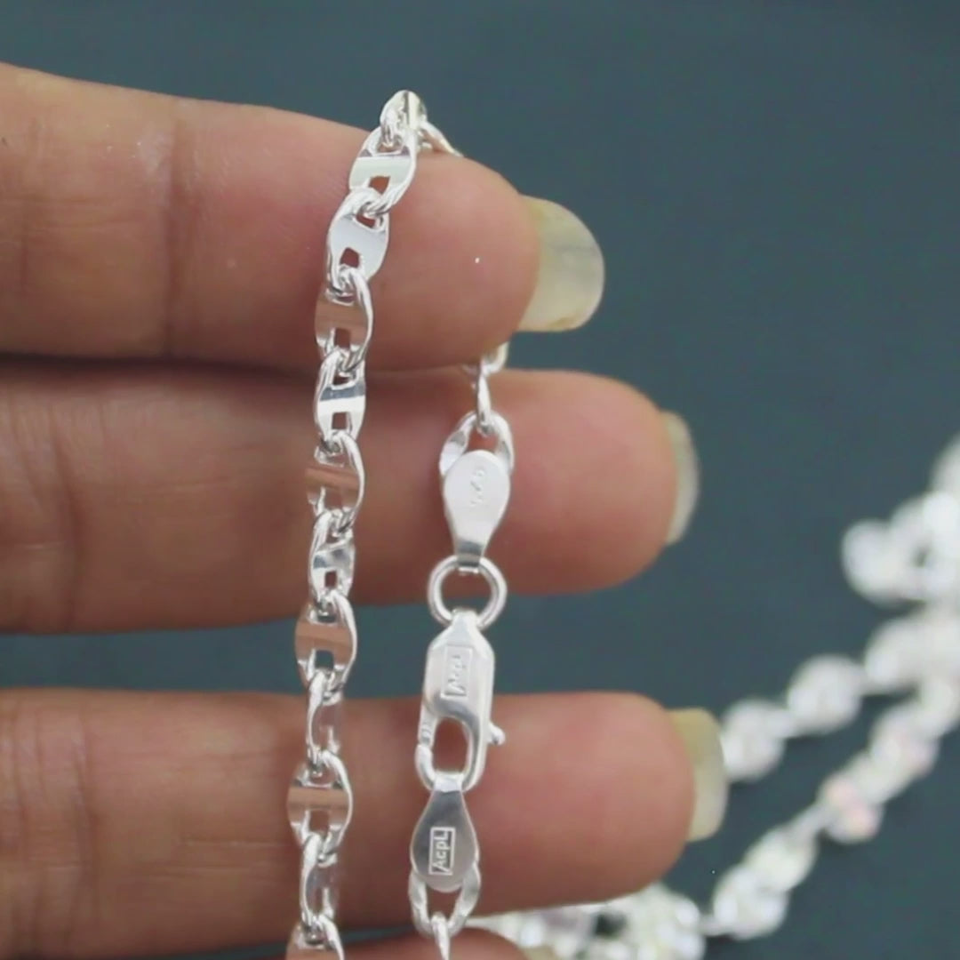 925 Real Sterling Silver Unisex Puffed Mariner Neck Chain 20"