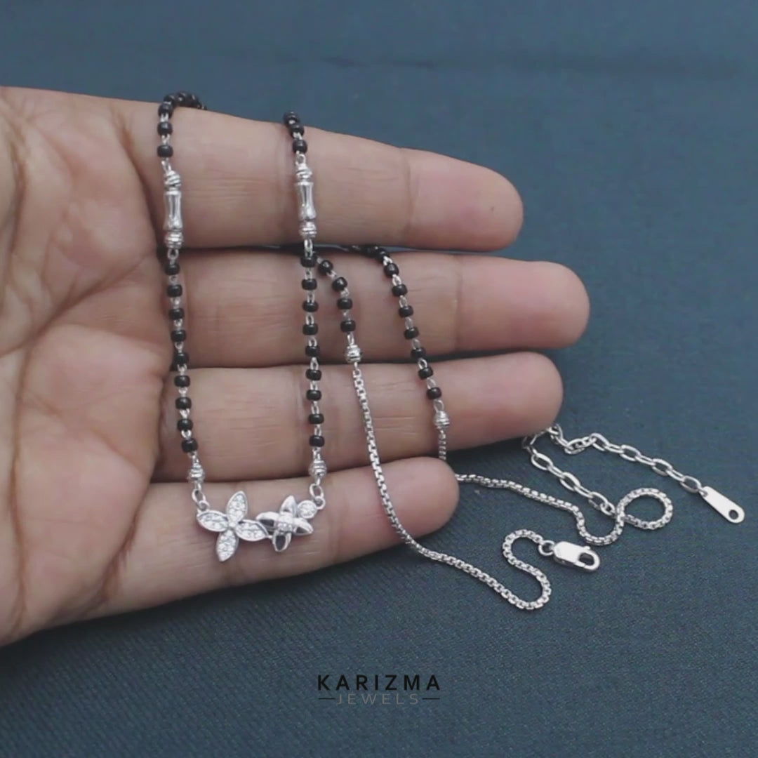 925 Real Sterling Silver Black Beads Flower CZ Mangalsutra women chain for wife